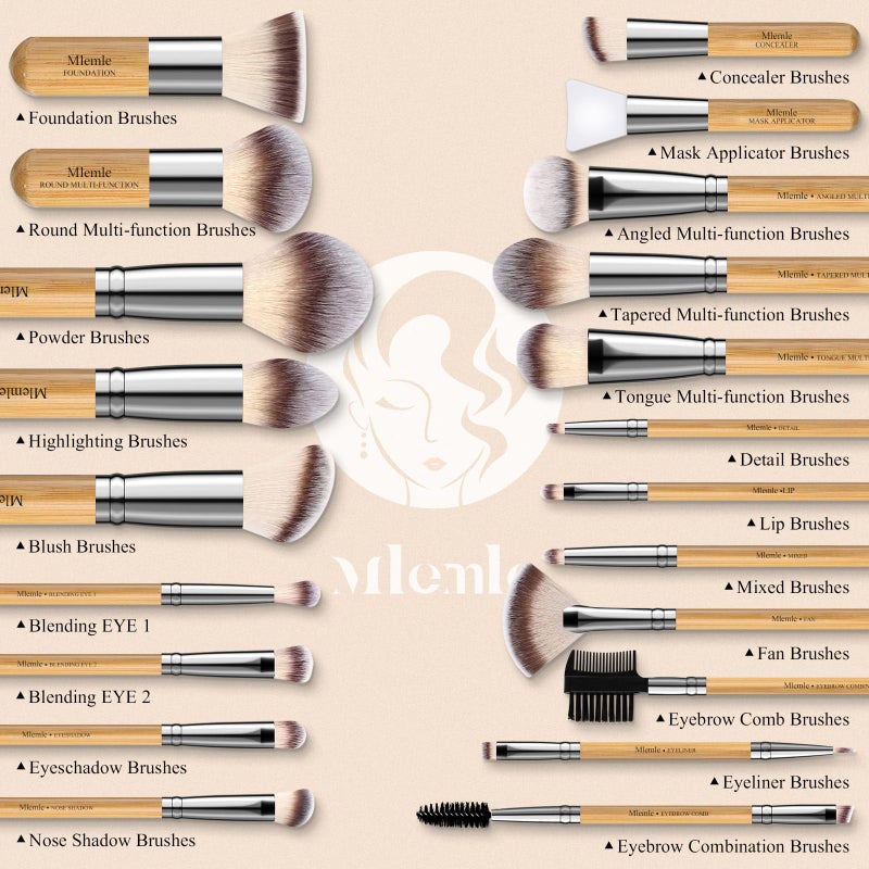 Mlemle Makeup Brushes Set, Mlemle Professional 26 Pcs Makeup Kit, Include Concealers Powder Foundation Eye Blush shadows 21 Pcs Bamboo Makeup Brushes and 3 Makeup Sponge, 2 Powder Puff (A03) - Image 3
