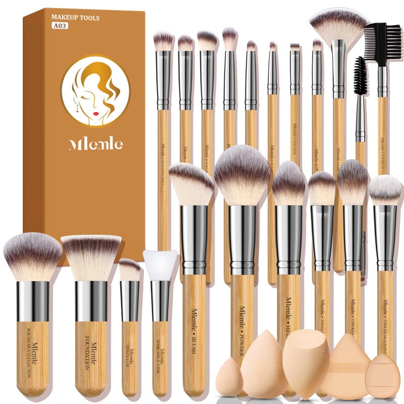 Mlemle Makeup Brushes Set, Mlemle Professional 26 Pcs Makeup Kit, Include Concealers Powder Foundation Eye Blush shadows 21 Pcs Bamboo Makeup Brushes and 3 Makeup Sponge, 2 Powder Puff (A03) - Image 1