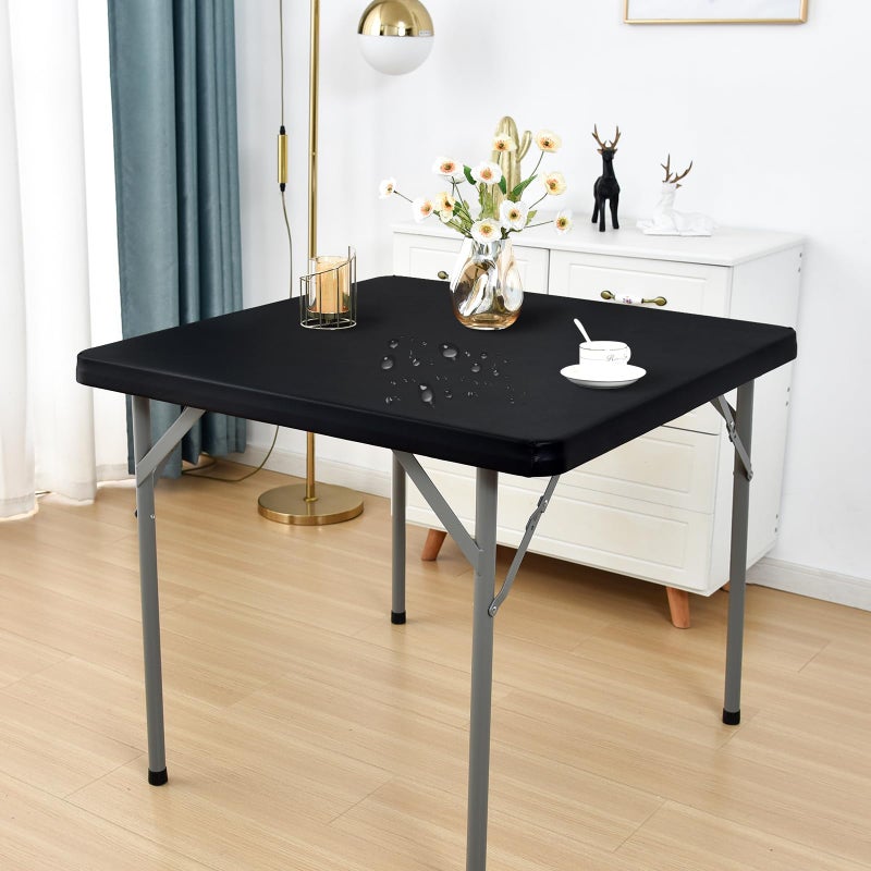 Nacuci PU Waterproof and Oilproof Fitted Tablecloth Elastic Stretch Table Cover, Wipeable Square Table Cloth for Kitchen, Dining, Picnic, Party, Indoor and Outdoor (Black, 34"x34") - Image 1