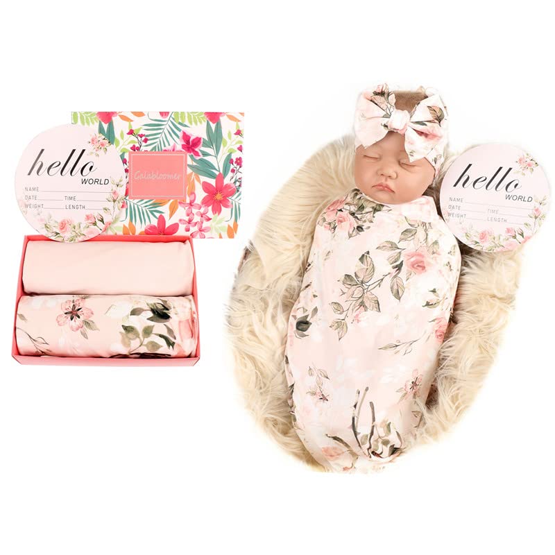 Galabloomer Receiving Blanket Headband Set Flower Print Baby Swaddle Blankets Vintage Rose - Image 1