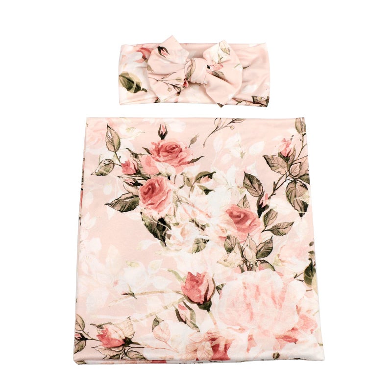 Galabloomer Receiving Blanket Headband Set Flower Print Baby Swaddle Blankets Vintage Rose - Image 4