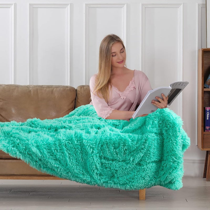 Tuddrom Decorative Extra Soft Faux Fur Blanket Queen Size 80" x 90",Solid Reversible Fuzzy Fluffy Plush Fleece Comfy Microfiber Fur Blanket for Couch Sofa Bed,Teal Blue - Image 4