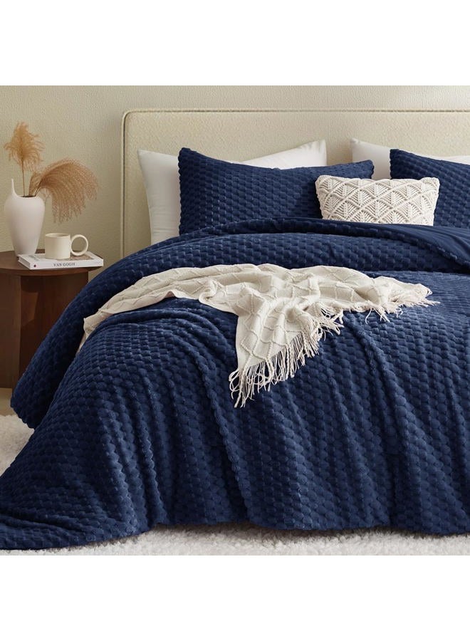 Petrichor Fluffy King Comforter Set - Ultra-Soft Navy Flannel Thick Comforter for King Bed, Luxury Warm Bedding Set for Winter & Fall, Cozy Fuzzy Bed Set 3 Pieces (1 Comforter & 2 Pillowcases) - Image 1