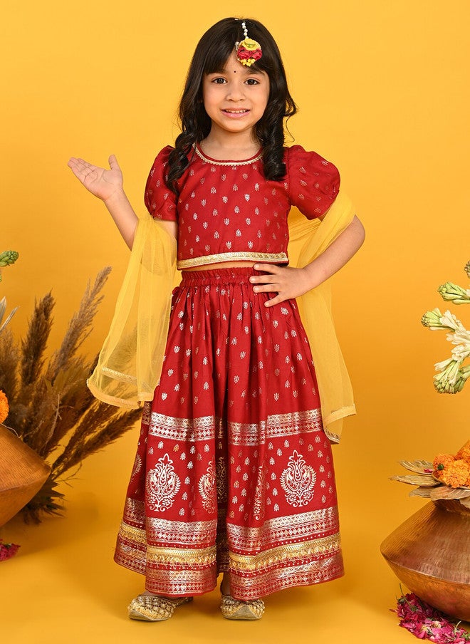 Saka Designs Maroon Printed Lehenga Choli Set for Girls - Image 1