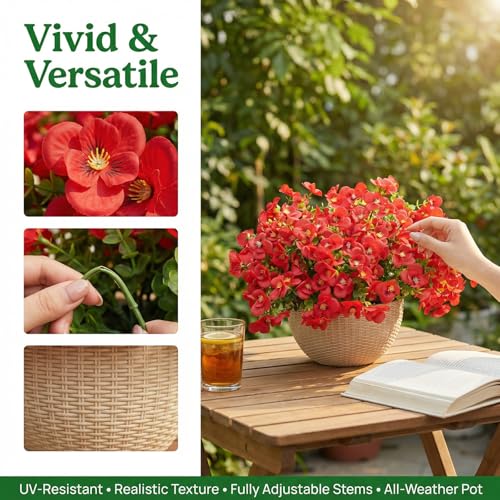 trytuny Artificial Flowers for Outdoor, Realistic Faux Plants for Outside Indoor Porch Patio Window Box Planter Home Decor (12pcs -red) - Image 3