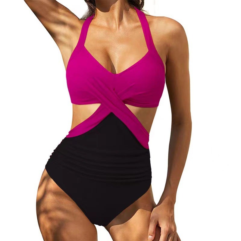 2024 One-Piece Swimsuit New One-Piece Cross Multi-Color Stitching Swimsuit Backless - Image 5