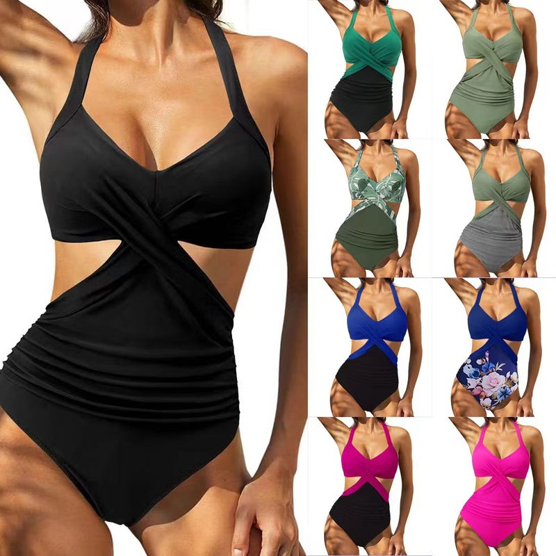 2024 One-Piece Swimsuit New One-Piece Cross Multi-Color Stitching Swimsuit Backless - Image 2