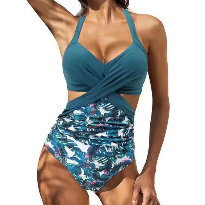 2024 One-Piece Swimsuit New One-Piece Cross Multi-Color Stitching Swimsuit Backless - Image 3