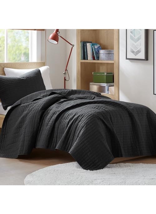 Comfort Spaces Comfort Spaces Kienna Quilt SetLuxury Double Sided Stitching Design Summer Blanket Lightweight Soft All Season Bedding Layer Matching Sham Black Coverlet TwinTwin XL66x90 2 Piece 