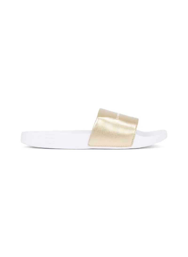 TOMMY HILFIGER Women's Metallic Logo Pool Slides -  Polyester mix upper, Gold