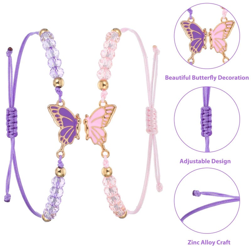 simarro 2pcs Matching Bracelets, Butterfly Friendship Bracelets Adjustable Strand Best Friends Bracelet, Handmade Charm Couples Jewelry Gifts for Women Couples Friend (Pink + Purple) - Image 3