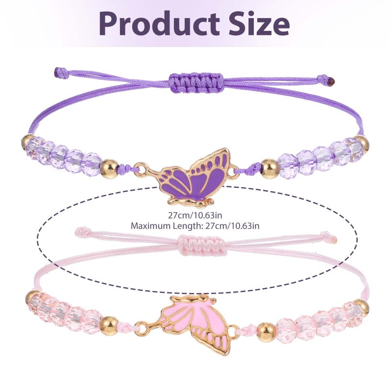 simarro 2pcs Matching Bracelets, Butterfly Friendship Bracelets Adjustable Strand Best Friends Bracelet, Handmade Charm Couples Jewelry Gifts for Women Couples Friend (Pink + Purple) - Image 2