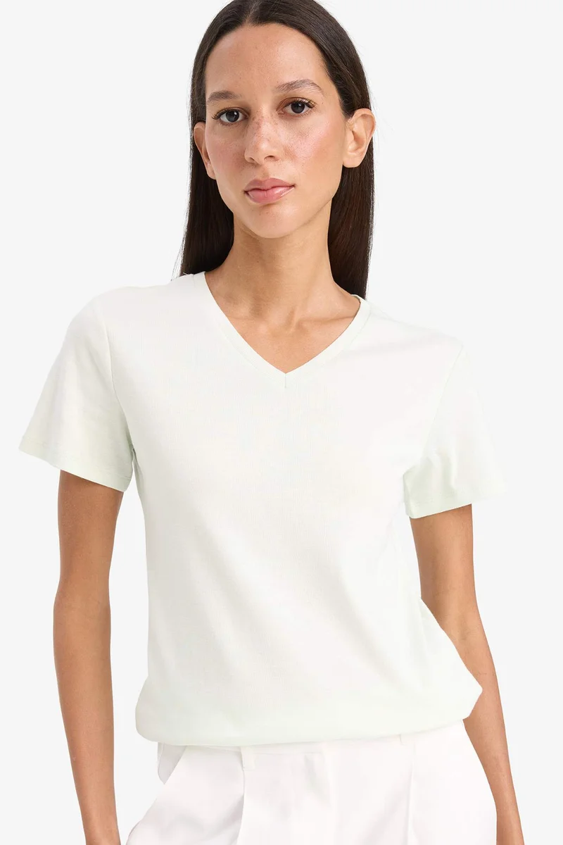 Defacto Slim Fit V Neck Basic Rib Short Sleeve T-Shirt