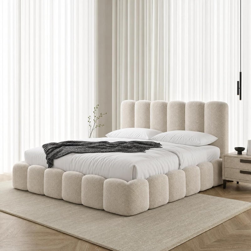 Cloud Upholstered Bed Frame, Teddy Fleece Modern Soft Boucle Platform Bed with Vertical Channel Headboard - Super King (200x200cm with Medical Mattress) - Image 1