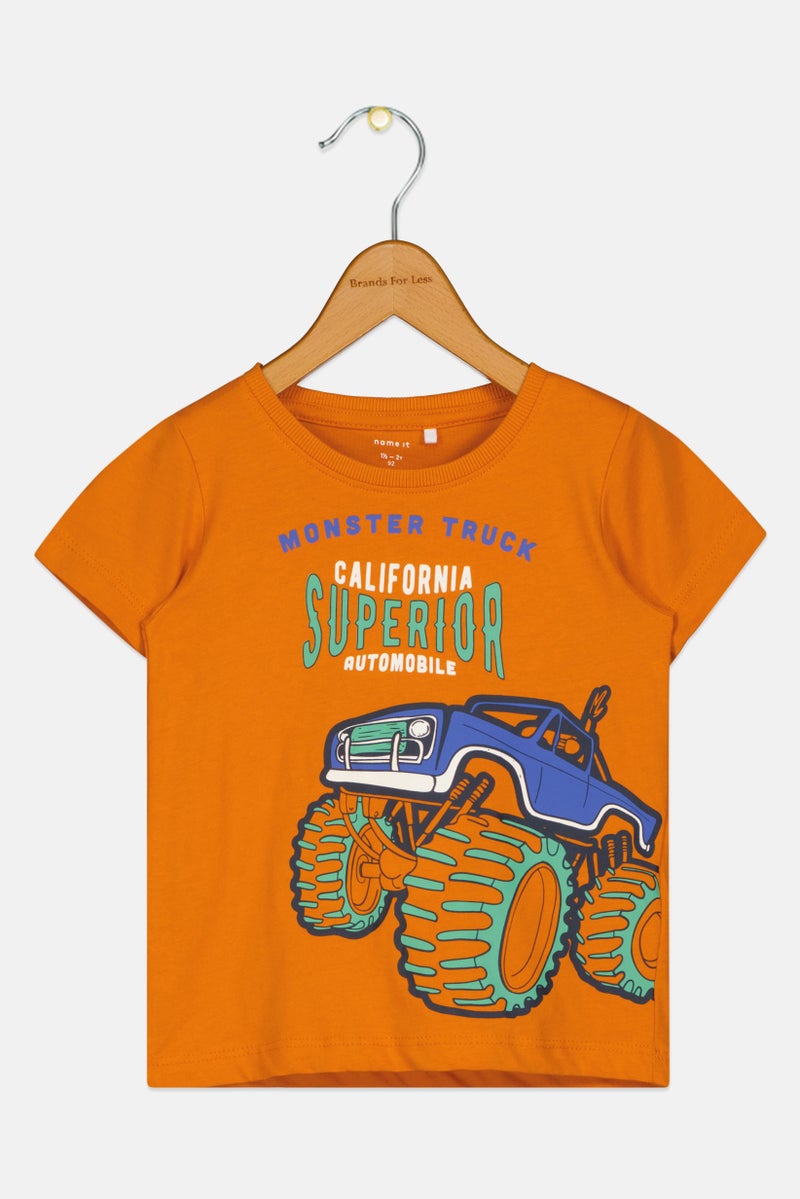 NAME IT تي شيرت قصير الأكمام بطبعة جرافيك لولد صغير، برتقالي محروق - Image 1