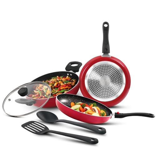 Bergner Sherry Plus Non-Stick 6 pcs Cookware Set, Combo Set with Detachable Handle, 24cm (2.5 L) Kadai with Glass Lid, 24cm (1.6 L) Frying Pan, 25cm Dosa Tawa and 2 Nylon Spatulas (Induction Bottom) - Image 1