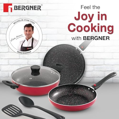 Bergner Sherry Plus Non-Stick 6 pcs Cookware Set, Combo Set with Detachable Handle, 24cm (2.5 L) Kadai with Glass Lid, 24cm (1.6 L) Frying Pan, 25cm Dosa Tawa and 2 Nylon Spatulas (Induction Bottom) - Image 3