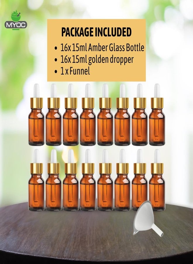 MYOC Amber Glass Dropper Bottles | Refillable Cosmetic Bottles with Gold Dropper Cap for DIY Oils, Serums, and Skincare Solutions - 15ml / 0.50 Fl Oz (Pack of 16) - Image 2