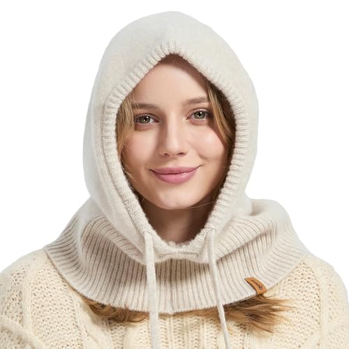 ACUSHLA 100% Merino Wool Balaclava for Women & Men Winter Warm Knit Hooded Scarf Hoodie Hat and Scarf Set in One, Beige - Image 1