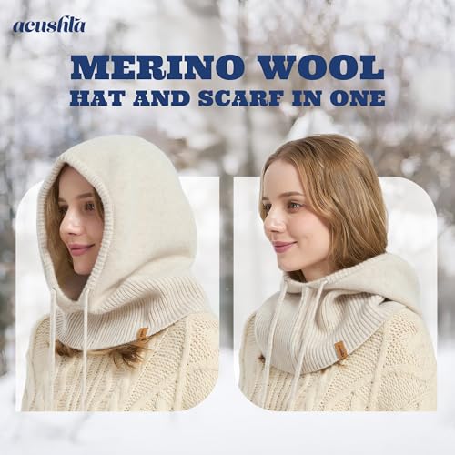 ACUSHLA 100% Merino Wool Balaclava for Women & Men Winter Warm Knit Hooded Scarf Hoodie Hat and Scarf Set in One, Beige - Image 4