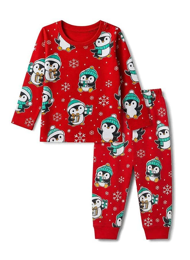 Babyhug Babyhug Cotton Knit Full Sleeves Pajama Set with Penguin Print - Red