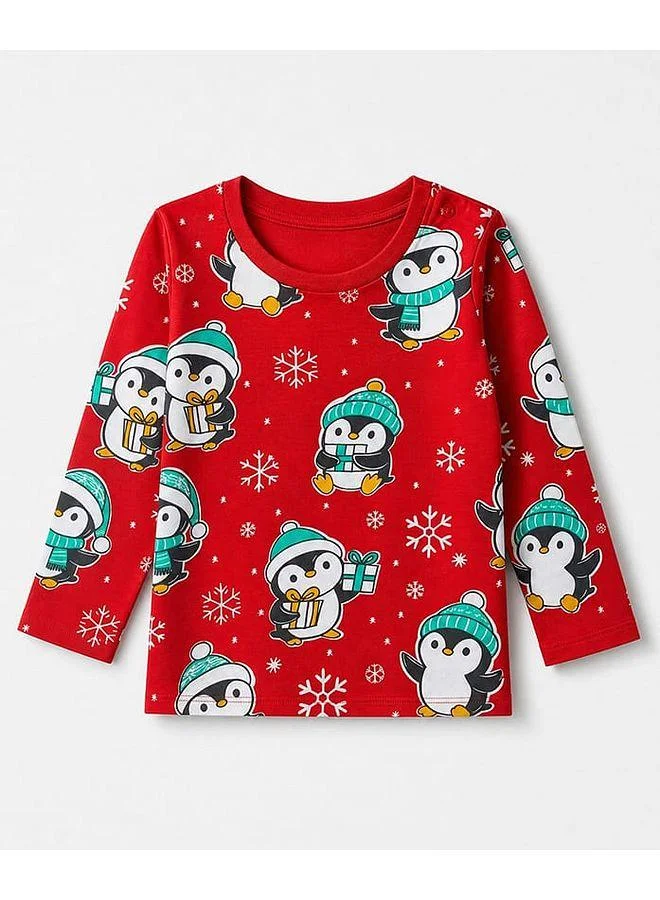 Babyhug Babyhug Cotton Knit Full Sleeves Pajama Set with Penguin Print - Red