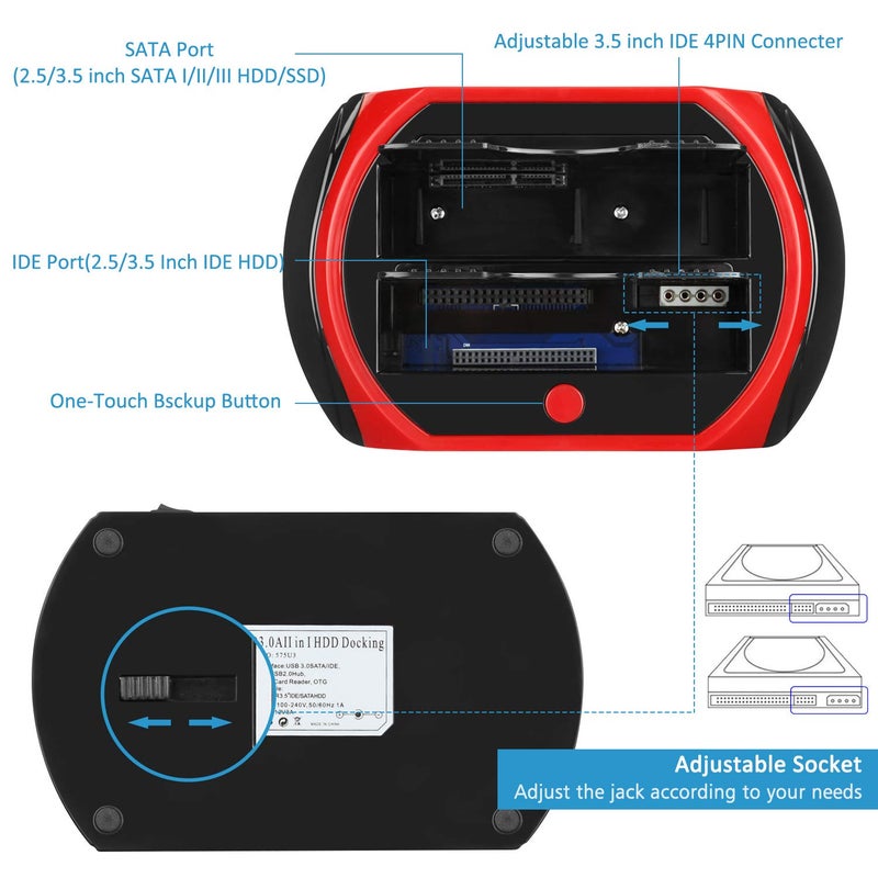 Tccmebius Hard Drive Docking Station, TCC-S862-US USB 2.0 to 2.5 3.5 Inch SATA IDE Dual Slots External Enclosure with All in 1 Card Reader and USB 2.0 Hub for 2.5" 3.5" IDE SATA I/II/III HDD SSD - Image 4
