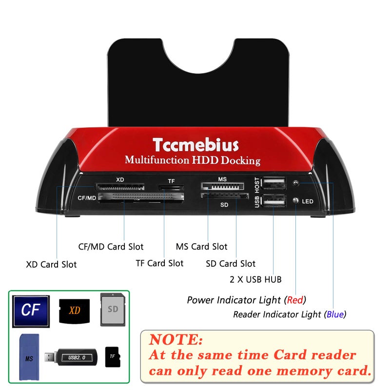 Tccmebius Hard Drive Docking Station, TCC-S862-US USB 2.0 to 2.5 3.5 Inch SATA IDE Dual Slots External Enclosure with All in 1 Card Reader and USB 2.0 Hub for 2.5" 3.5" IDE SATA I/II/III HDD SSD - Image 3