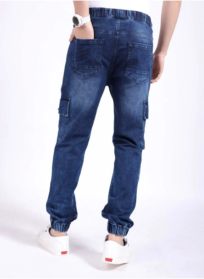 شركة المرآب الهندية Men Regular Fit Solid Mid-Rise Stretchable Denim Cargo Joggers