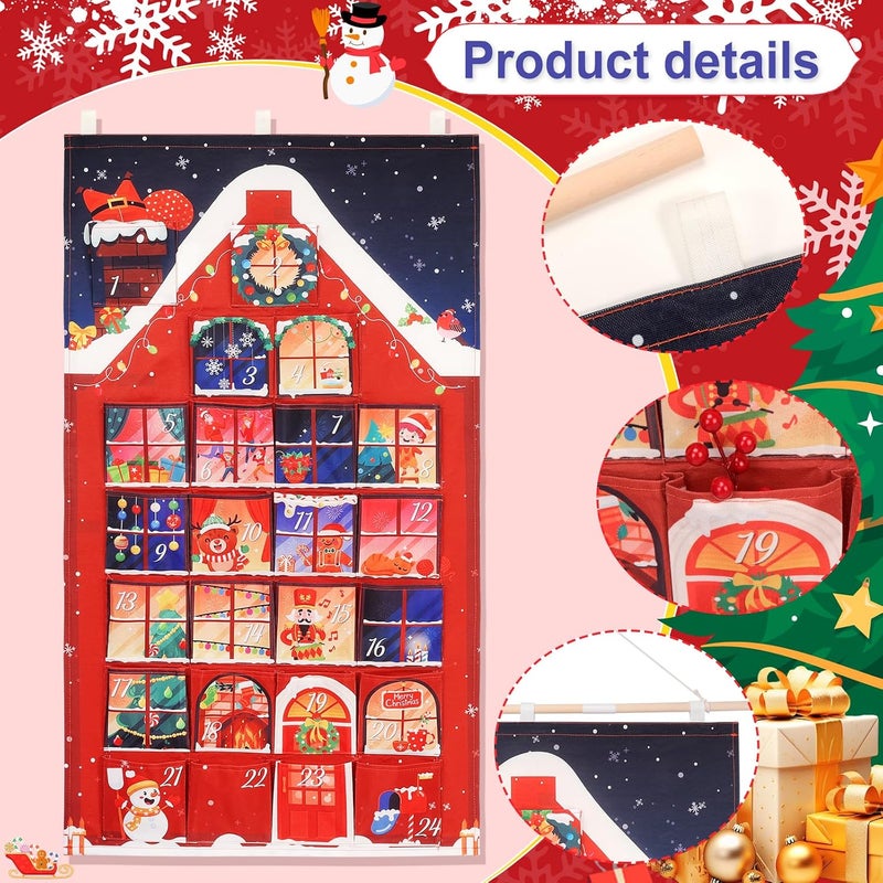 HOWAF Red House Fabric Christmas Advent Calendar with Pockets (Countdown to Christmas), 24 Days Mystery Christmas Countdown Calendar for Xmas Holiday Home Wall Decoration - Image 3