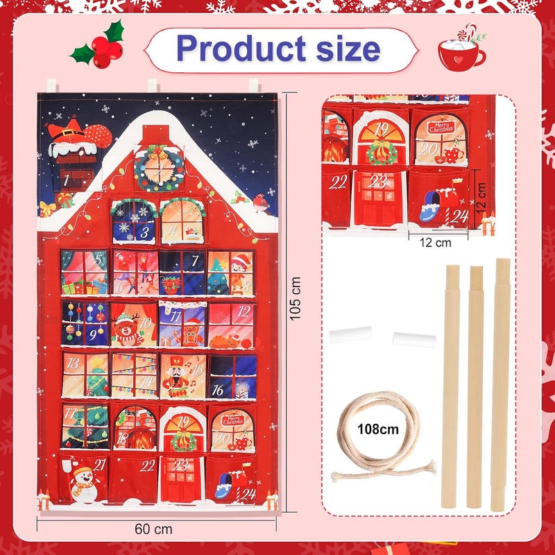HOWAF Red House Fabric Christmas Advent Calendar with Pockets (Countdown to Christmas), 24 Days Mystery Christmas Countdown Calendar for Xmas Holiday Home Wall Decoration - Image 2
