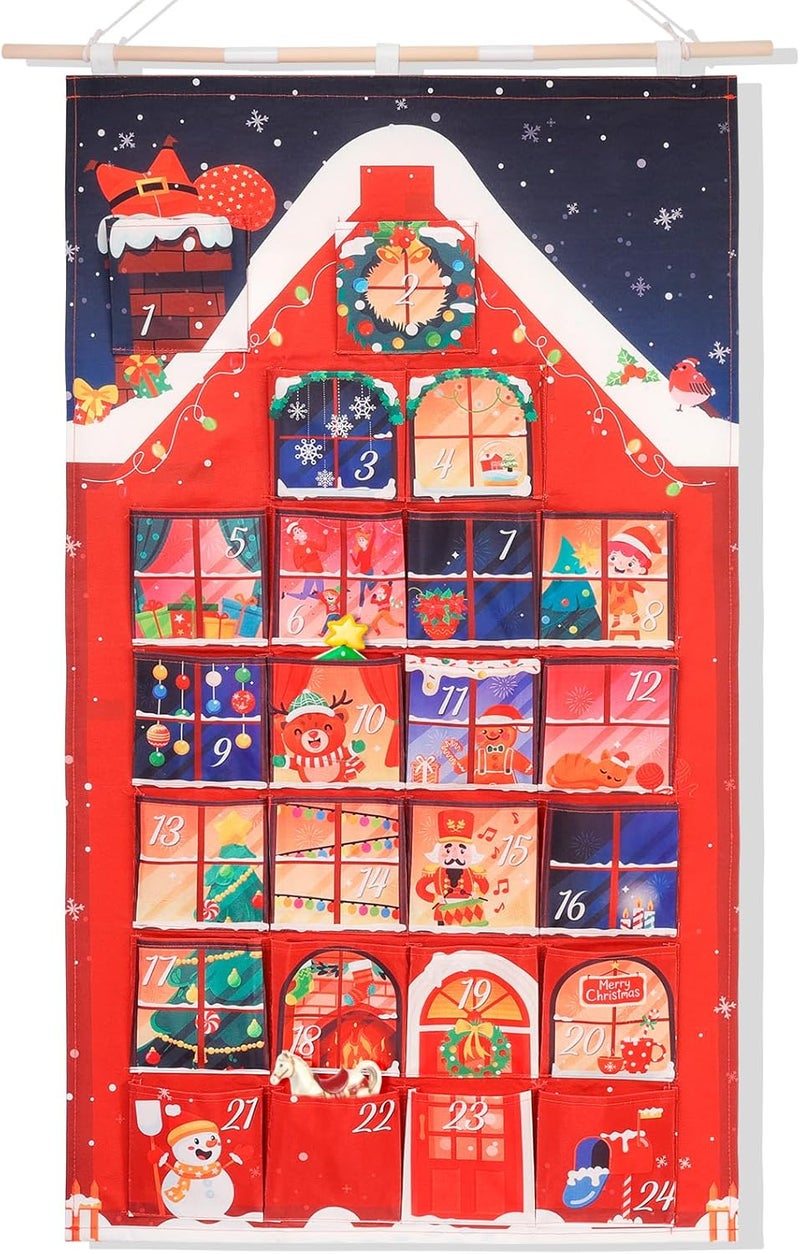HOWAF Red House Fabric Christmas Advent Calendar with Pockets (Countdown to Christmas), 24 Days Mystery Christmas Countdown Calendar for Xmas Holiday Home Wall Decoration - Image 1