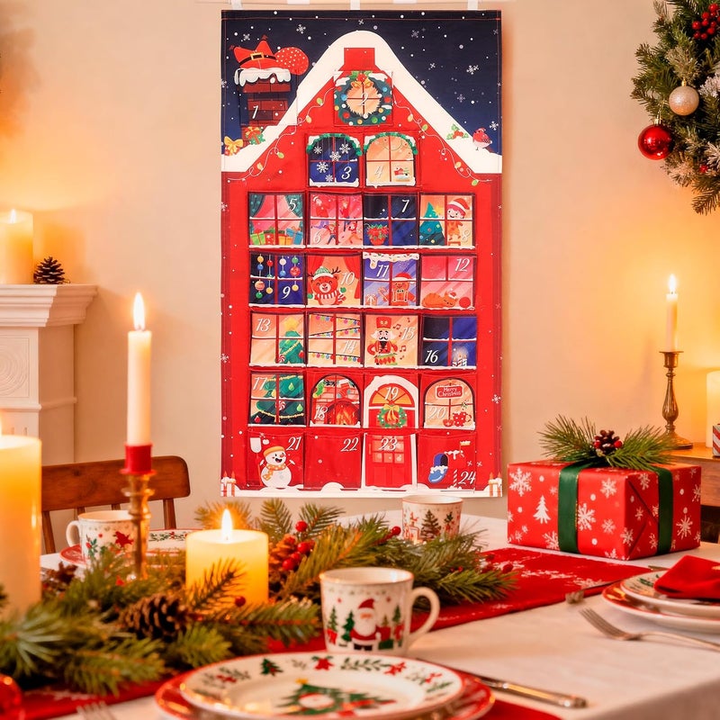 HOWAF Red House Fabric Christmas Advent Calendar with Pockets (Countdown to Christmas), 24 Days Mystery Christmas Countdown Calendar for Xmas Holiday Home Wall Decoration - Image 4