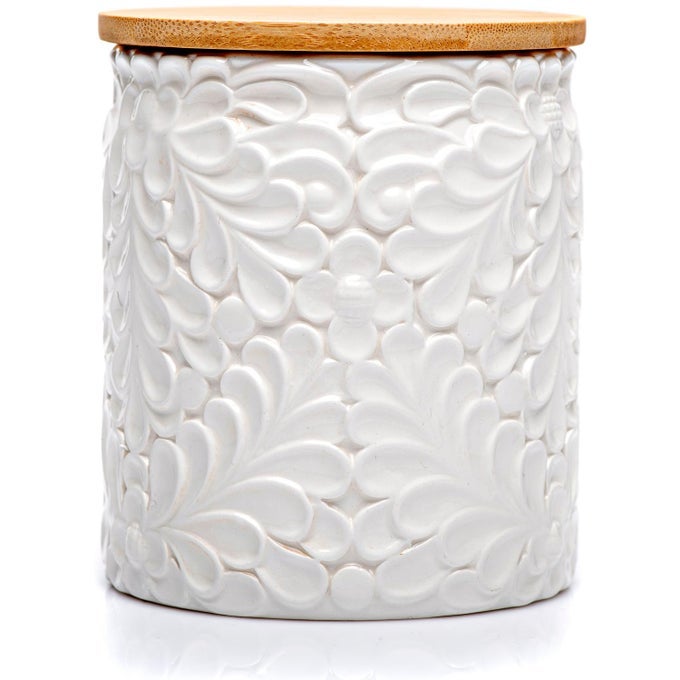 SMALL ENGRAVED CERAMIC KITCHEN CANISTER STORAGE JARS WITH AIRTIGHT LIDS MADE FROM BAMBOO WITH NATUREINSPIRED ENGRAVING USE AS A PASTA HOLDER COFFEE GROUND HOLDER RICE CONTAINER 30 OUNCES