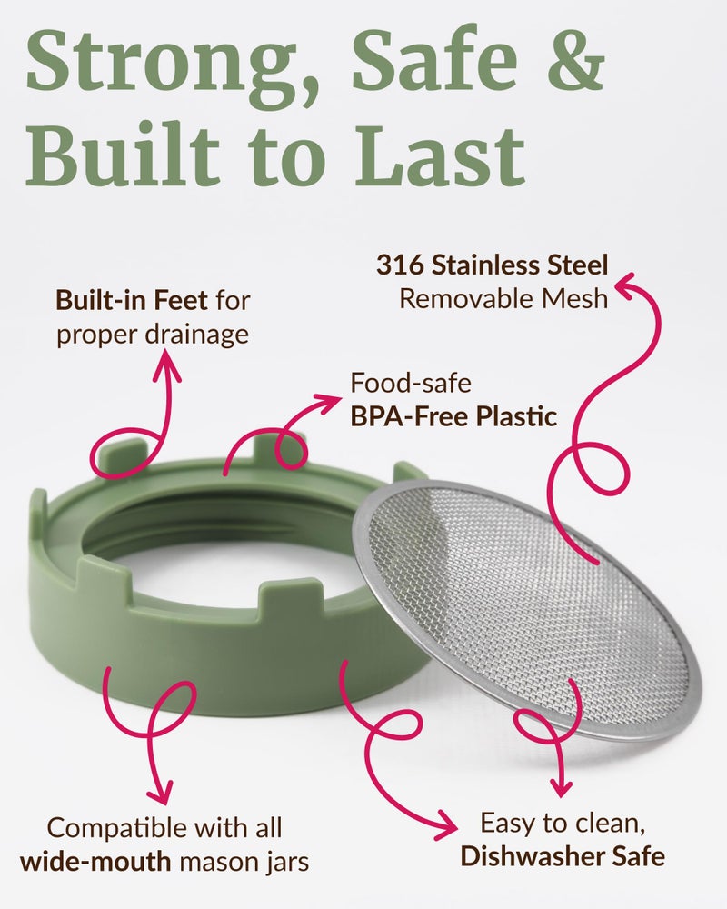 Elementi Sprouts Growing Kit for Wide Mouth Mason Jars, Set of 2 Sprouting Lids for Organic Alfalfa & Mung Bean Sprouts Grow Kit, 316 Stainless Steel Mesh Screen Strainer Lid (Sage Green) - Image 5