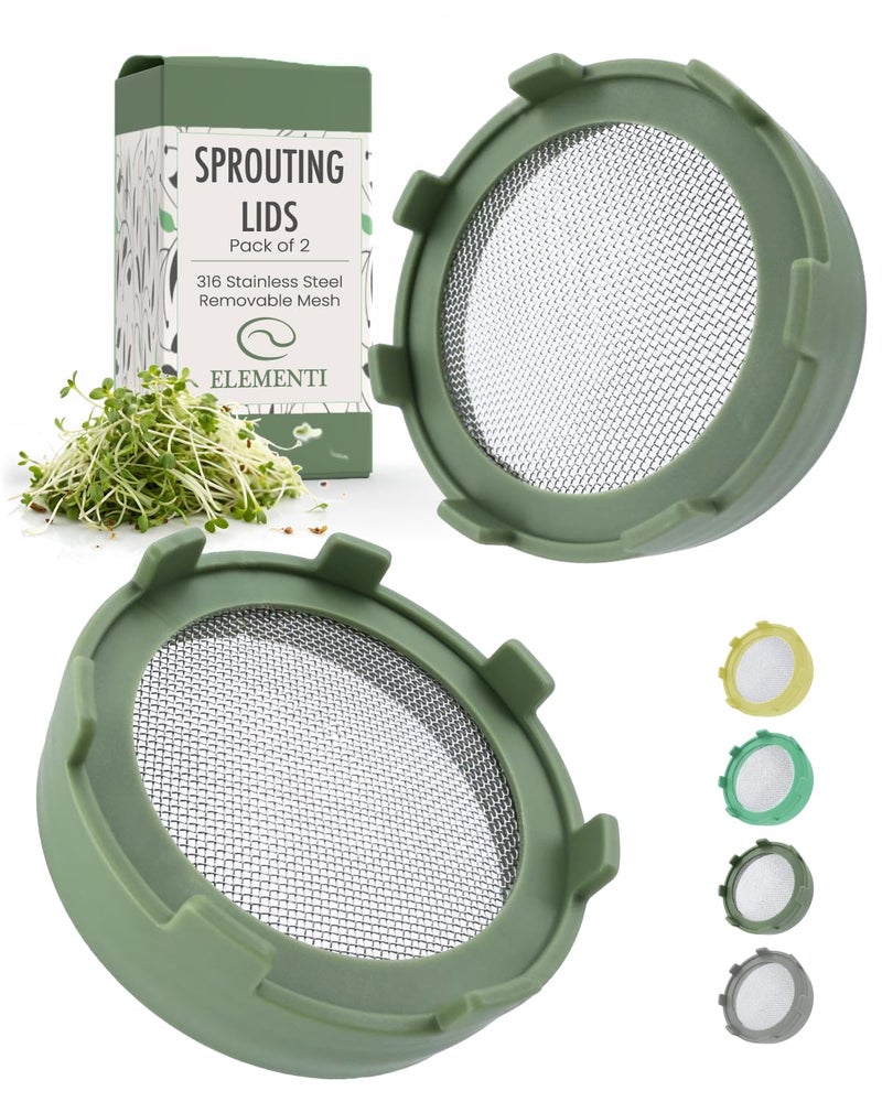 Elementi Sprouts Growing Kit for Wide Mouth Mason Jars, Set of 2 Sprouting Lids for Organic Alfalfa & Mung Bean Sprouts Grow Kit, 316 Stainless Steel Mesh Screen Strainer Lid (Sage Green) - Image 1