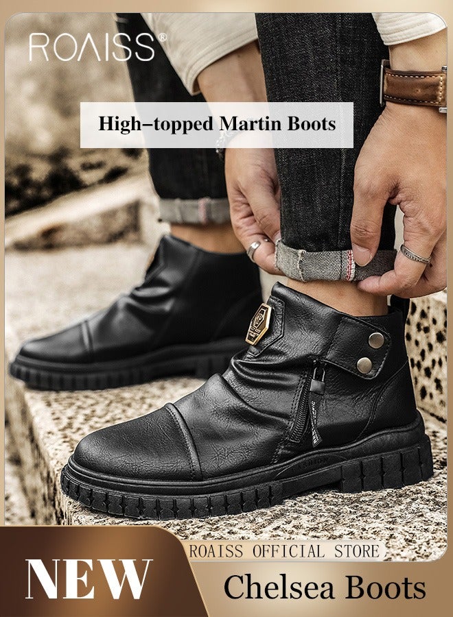 roaiss Men High Top Martin Boots Workwear Style Sneakers Chelsea Boots Waterproof Non Slip Wear Resistant Motorcycle Shoes - Image 2