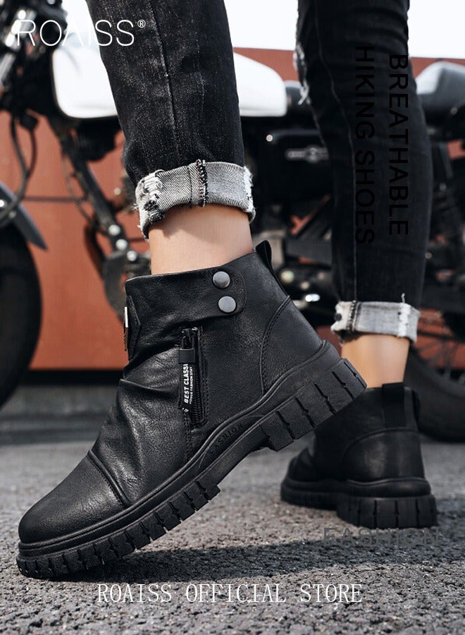 roaiss Men High Top Martin Boots Workwear Style Sneakers Chelsea Boots Waterproof Non Slip Wear Resistant Motorcycle Shoes - Image 1