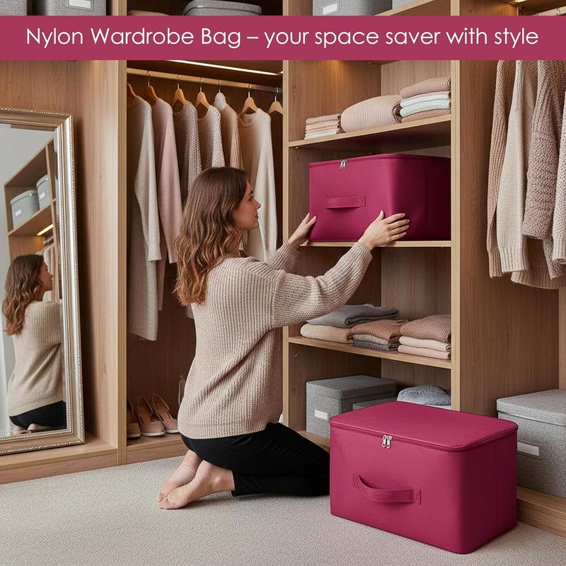 Storite 5 Pack Nylon Wardrobe Bag – Underbed Moisture-Proof Cloth Storage Organizer, Saree Bags with Zipper & Handle (Magenta, 37 x 34 x 23 cm) – Square - Image 5