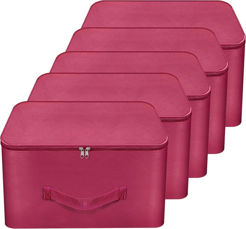Storite 5 Pack Nylon Wardrobe Bag – Underbed Moisture-Proof Cloth Storage Organizer, Saree Bags with Zipper & Handle (Magenta, 37 x 34 x 23 cm) – Square - Image 1