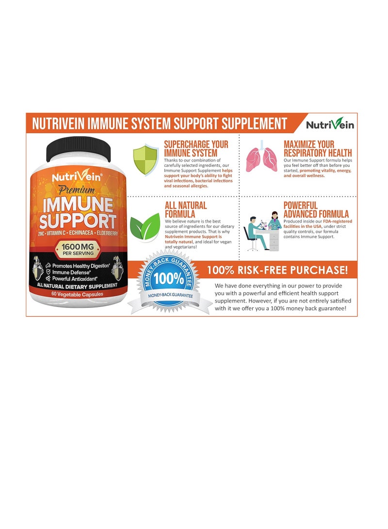 Nutrivein Immune Support - Boost Your Immune System with Elderberry, Zinc, Vitamin C, Garlic & Echinacea Prebiotics - 1600MG Daily Dose - Supports Healthy Lifestyle and Stress Relief - 60 Capsules  - Image 2