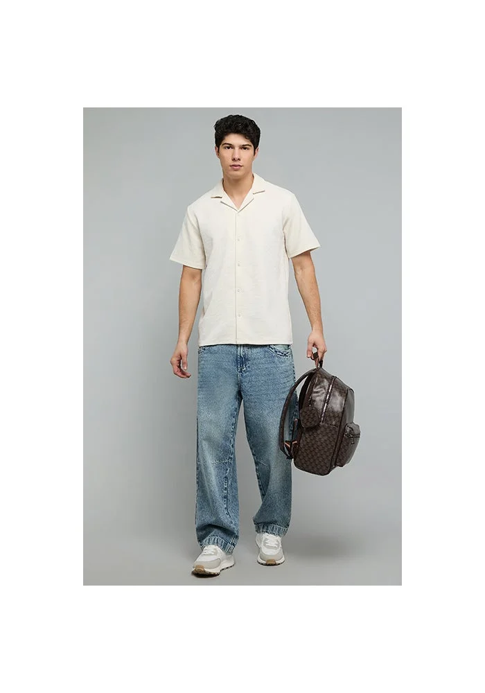 R&b Textured Shirt with Revere Collar and Short Sleeves