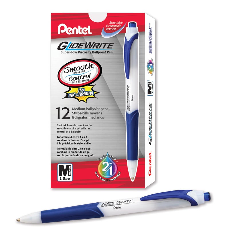 Pentel GlideWrite Ballpoint Pen with TechniFlo Ink, (1.0mm) Medium Line, Blue, Box of 12 (BX910-C) - Image 1