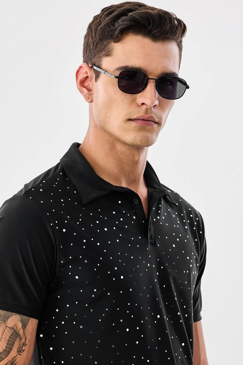 SNITCH Black Polka Dots Half Sleeve Regular Fit T-Shirt