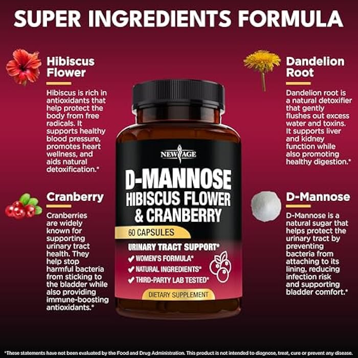 NEW AGE D-Mannose with Cranberry & Hibiscus - High Strength for Urinary Tract Health - Supplement for Women - Bladder, Liver & Microflora Support - Made in USA - Vegan, 60 Capsules - Image 2