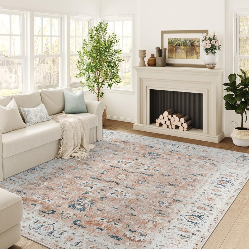 jinchan Area Rug 274x183CM Persian Vintage Carpet Foldable Thin Mat Indoor Retro Blush Pink Floral Print Distressed Floor Cover Non Slip for Kitchen Bedroom Living Room Dining Room - Image 1