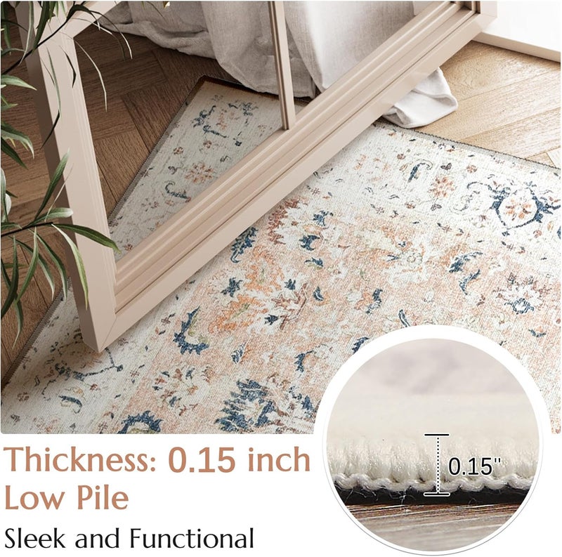jinchan Area Rug 274x183CM Persian Vintage Carpet Foldable Thin Mat Indoor Retro Blush Pink Floral Print Distressed Floor Cover Non Slip for Kitchen Bedroom Living Room Dining Room - Image 3