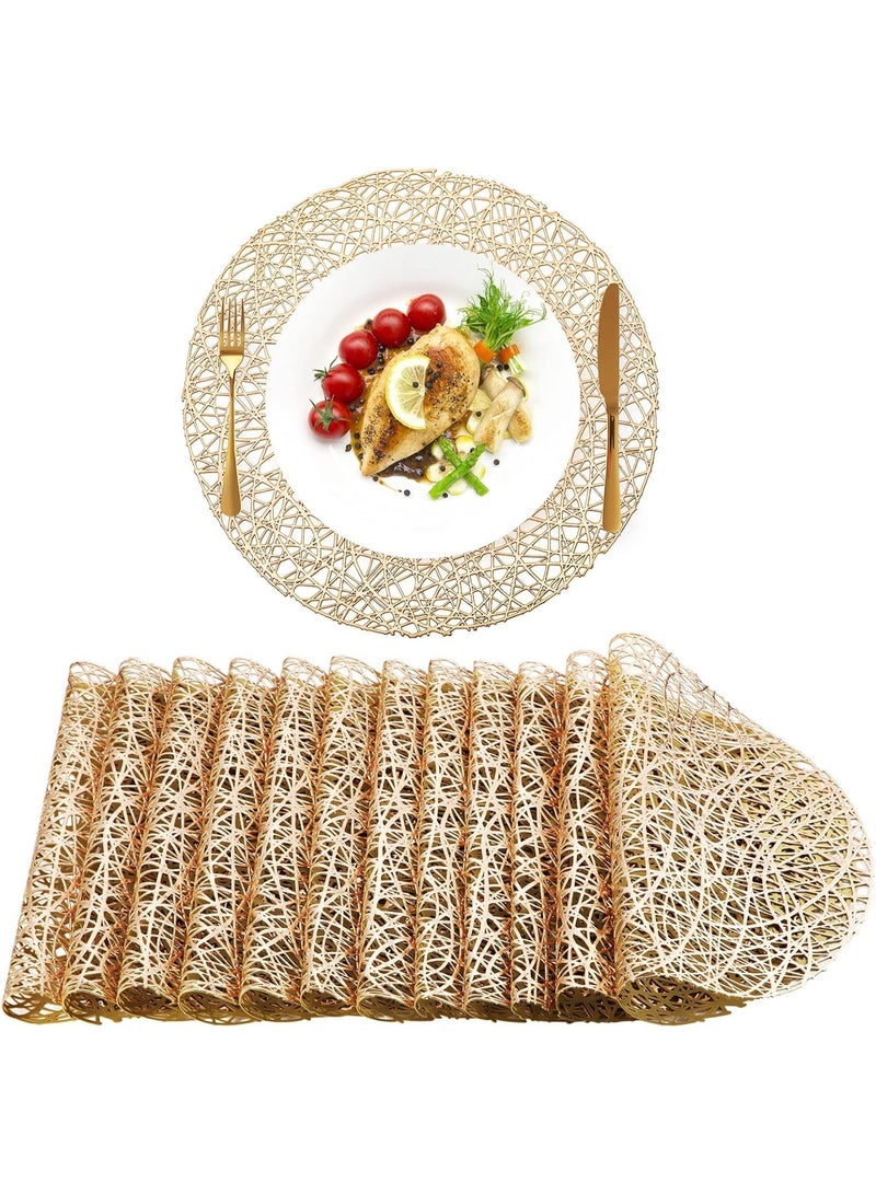 olayks 12 Pcs Gold Round Hollow PVC Vinyl Placemats, Waterproof Washable Wipeable Heat Resistant, Cup Bowl Mats, for Kitchen Dining Table Linens Wedding Holiday Party Decoration (38cm) - Image 1