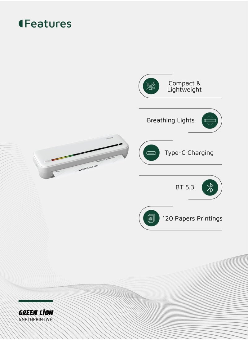 GREEN LION Portable Thermal Printer with 300 DPI Resolution / Inkless Printing / A4 Format Support / Fast Printing / Bluetooth Thermal Printer - White  - Image 2