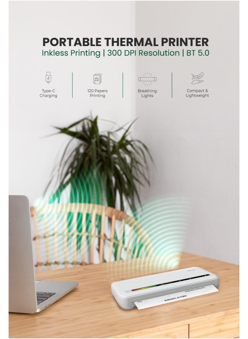 GREEN LION Portable Thermal Printer with 300 DPI Resolution / Inkless Printing / A4 Format Support / Fast Printing / Bluetooth Thermal Printer - White  - Image 3